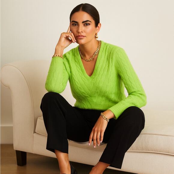 RALPH LAUREN Black Label 100% Cashmere Cable Knit V-Neck Sweater Green Sz S -L45 - Picture 1 of 6